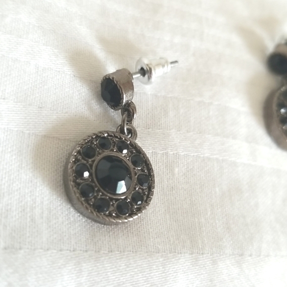Silver Round Black Rhinestone Earrings - Picture 2 of 3